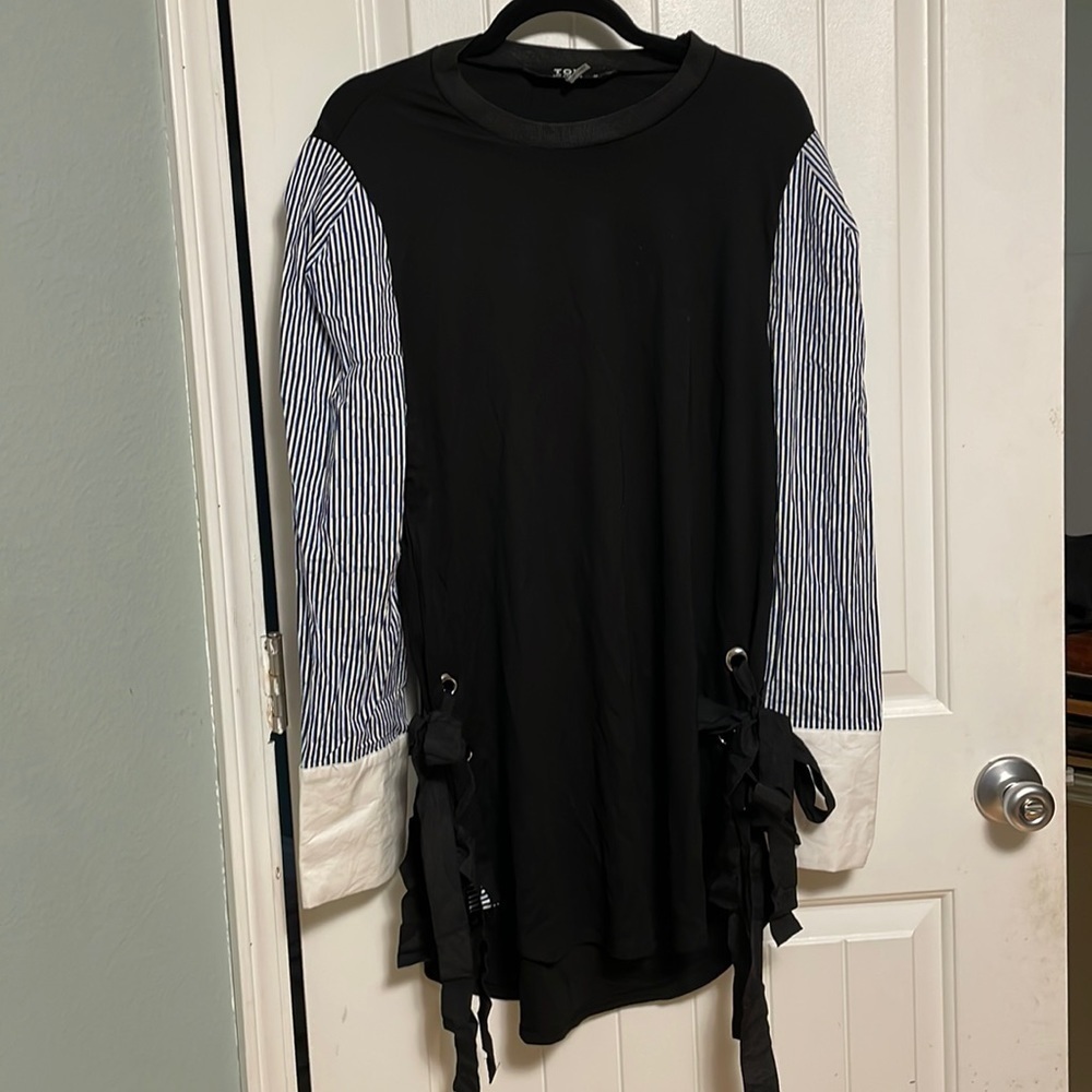 TOV Los Angeles Striped Sleeve Tie Shirt Mini Dress